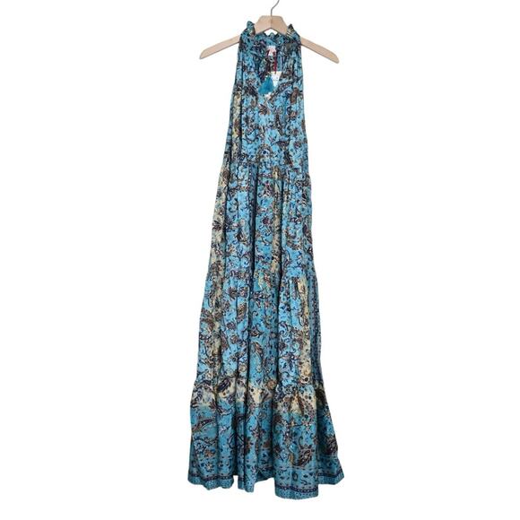 Raga Womens M Akira Ruffle Collar Maxi Dress Turquoise Blue NEW - Picture 2 of 12
